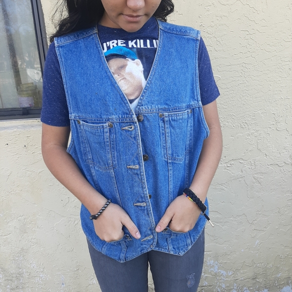 Vintage Denim Jean Vest Lizwear Claiborne L 80 90 - Picture 3 of 9